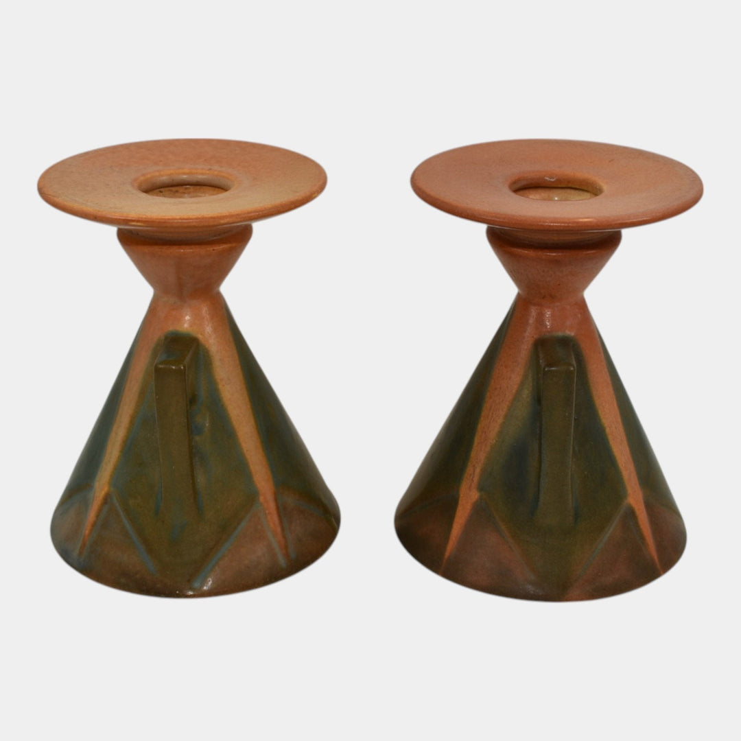 Roseville Futura Tan 1928 Vintage Art Pottery Aztec Ladies Candle Holders 1072-4 - Just Art Pottery