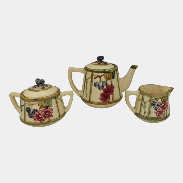Weller Zona Art Pottery Grape Vine Pattern Teapot Sugar Bowl Creamer Set