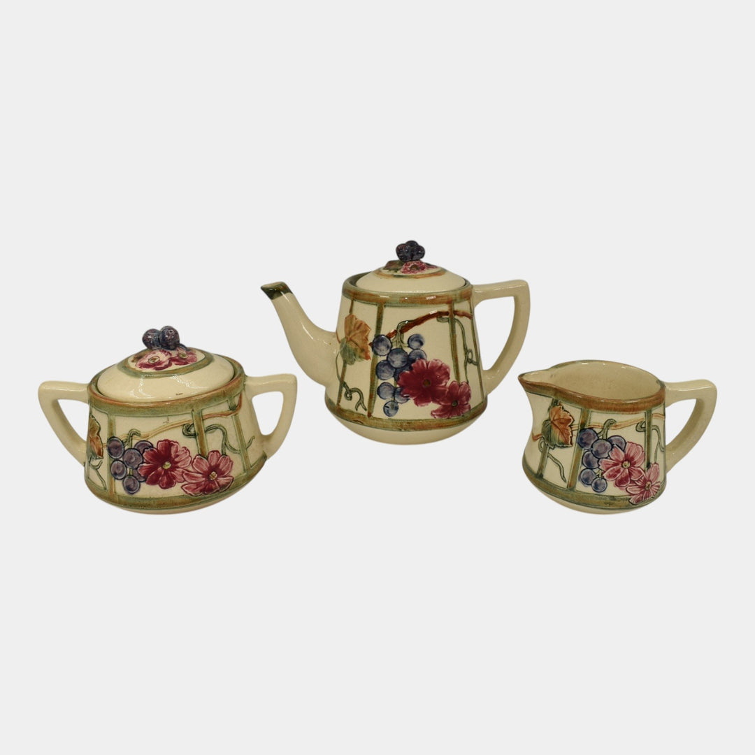 Weller Zona Art Pottery Grape Vine Pattern Teapot Sugar Bowl Creamer Set