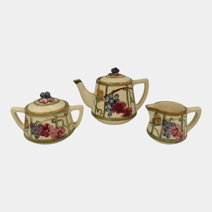 Weller Zona Art Pottery Grape Vine Pattern Teapot Sugar Bowl Creamer Set
