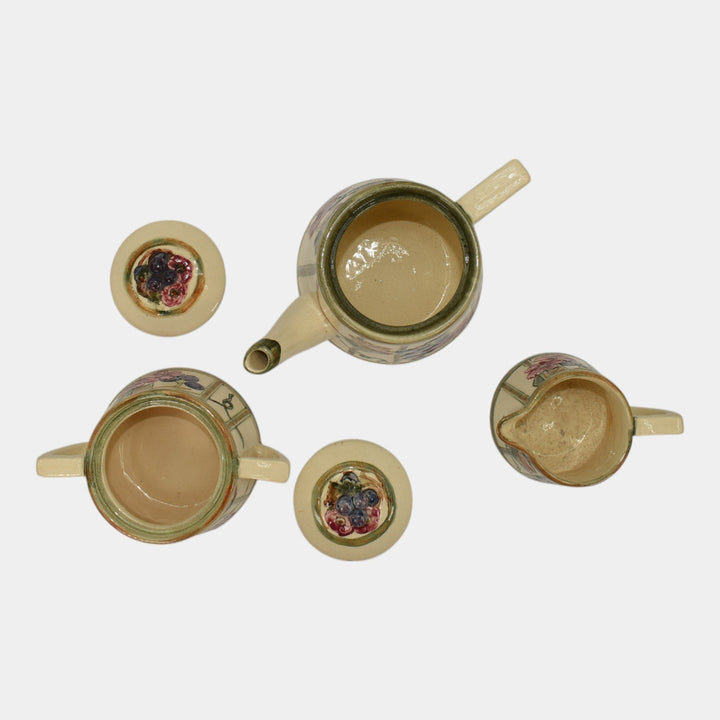 Weller Zona Art Pottery Grape Vine Pattern Teapot Sugar Bowl Creamer Set