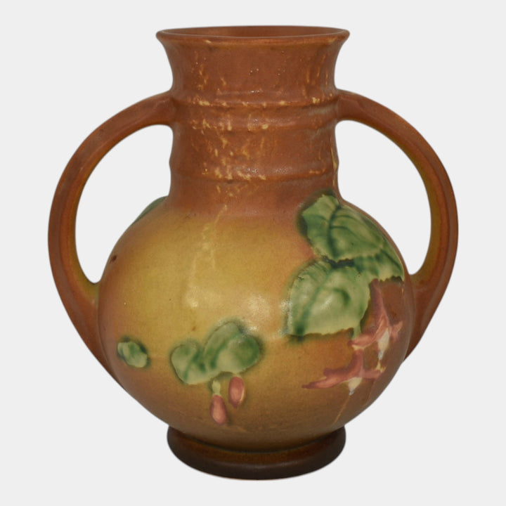 Roseville Fuchsia Brown 1938 Vintage Art Pottery Ceramic Handled Vase 891-6