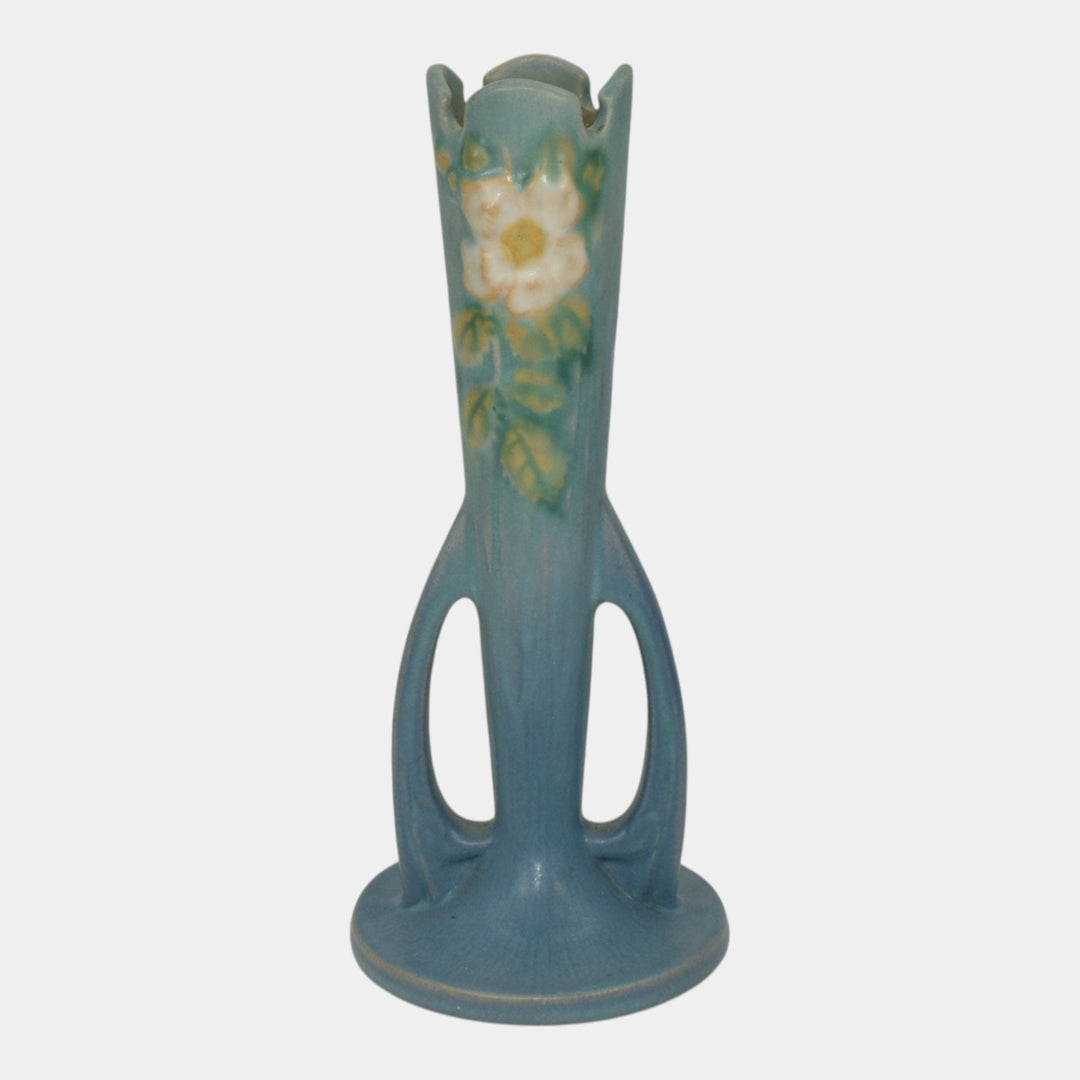Roseville White Rose Blue 1940 Vintage Art Pottery Ceramic Bud Vase 995-7 - Just Art Pottery