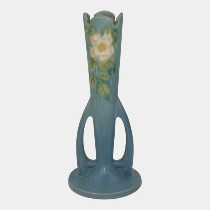 Roseville White Rose Blue 1940 Vintage Art Pottery Ceramic Bud Vase 995-7 - Just Art Pottery