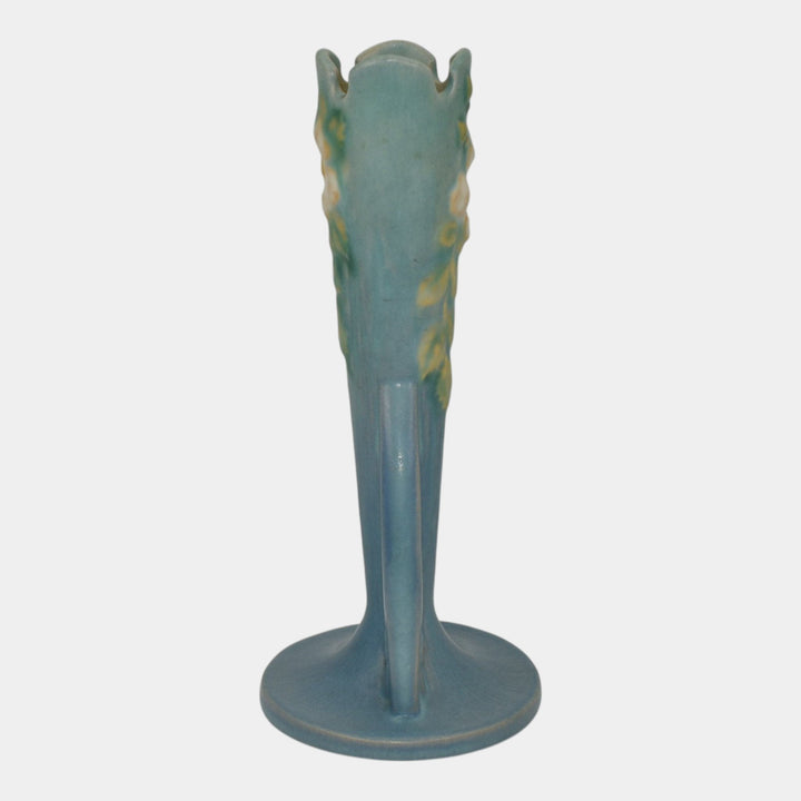 Roseville White Rose Blue 1940 Vintage Art Pottery Ceramic Bud Vase 995-7 - Just Art Pottery