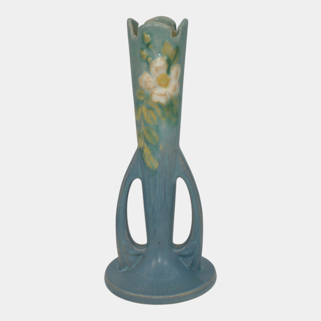 Roseville White Rose Blue 1940 Vintage Art Pottery Ceramic Bud Vase 995-7 - Just Art Pottery