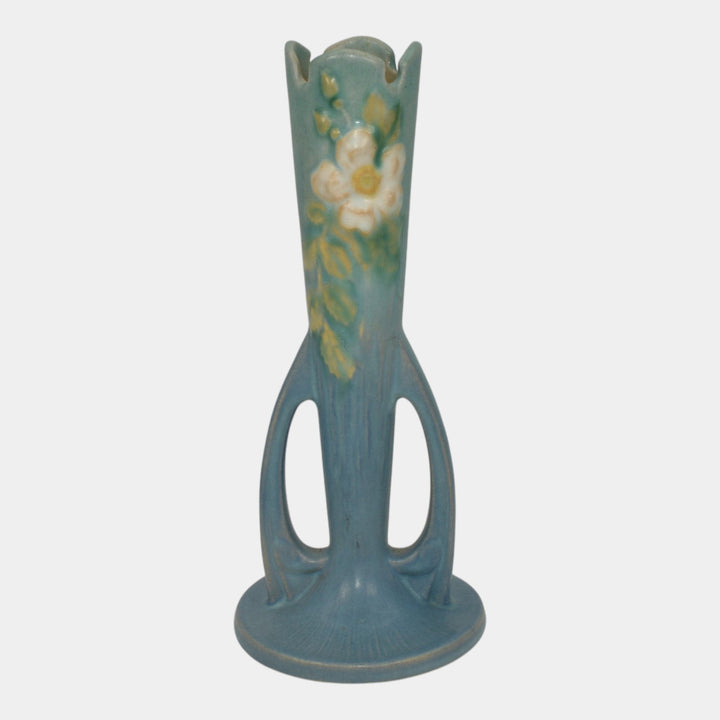 Roseville White Rose Blue 1940 Vintage Art Pottery Ceramic Bud Vase 995-7 - Just Art Pottery