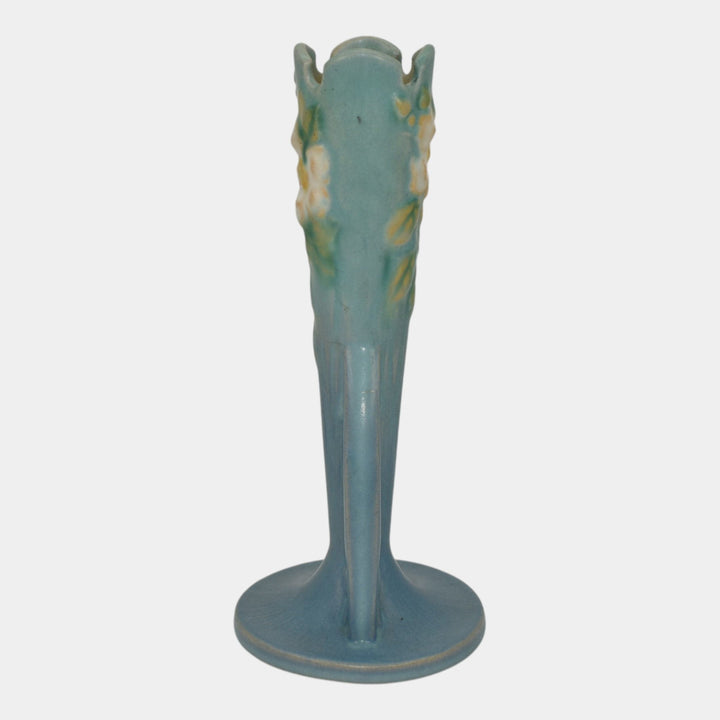Roseville White Rose Blue 1940 Vintage Art Pottery Ceramic Bud Vase 995-7 - Just Art Pottery