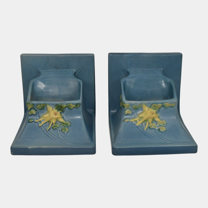 Roseville Columbine Blue 1941 Vintage Art Pottery Planter Bookends 8 - Just Art Pottery