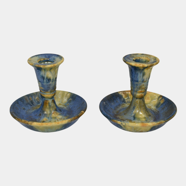Roseville Imperial II 1930 Vintage Art Pottery Blue Gold Candle Holders 1077-4 - Just Art Pottery