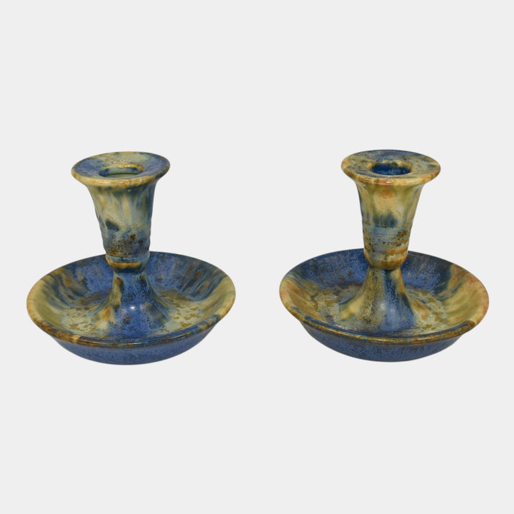 Roseville Imperial II 1930 Vintage Art Pottery Blue Gold Candle Holders 1077-4 - Just Art Pottery