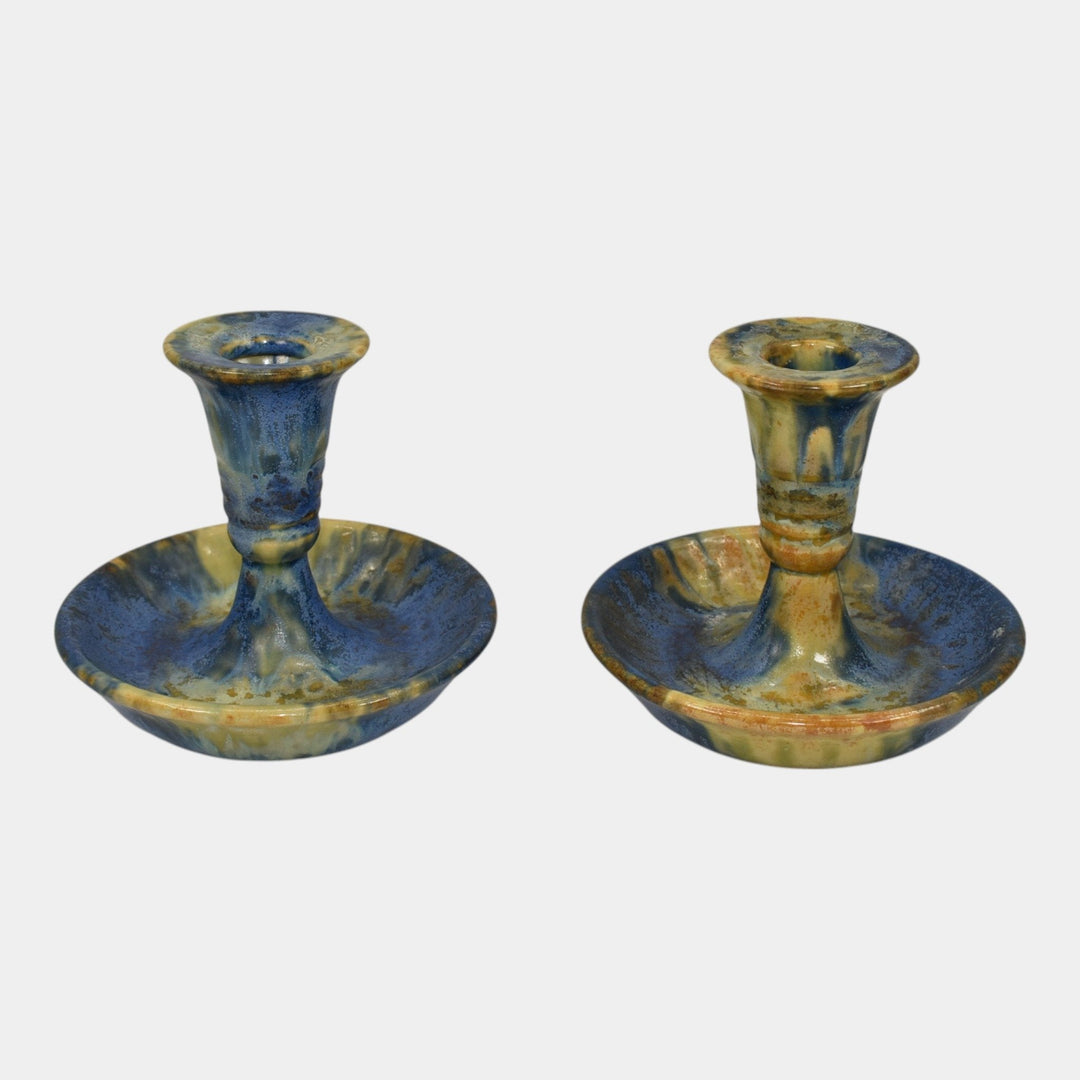 Roseville Imperial II 1930 Vintage Art Pottery Blue Gold Candle Holders 1077-4 - Just Art Pottery