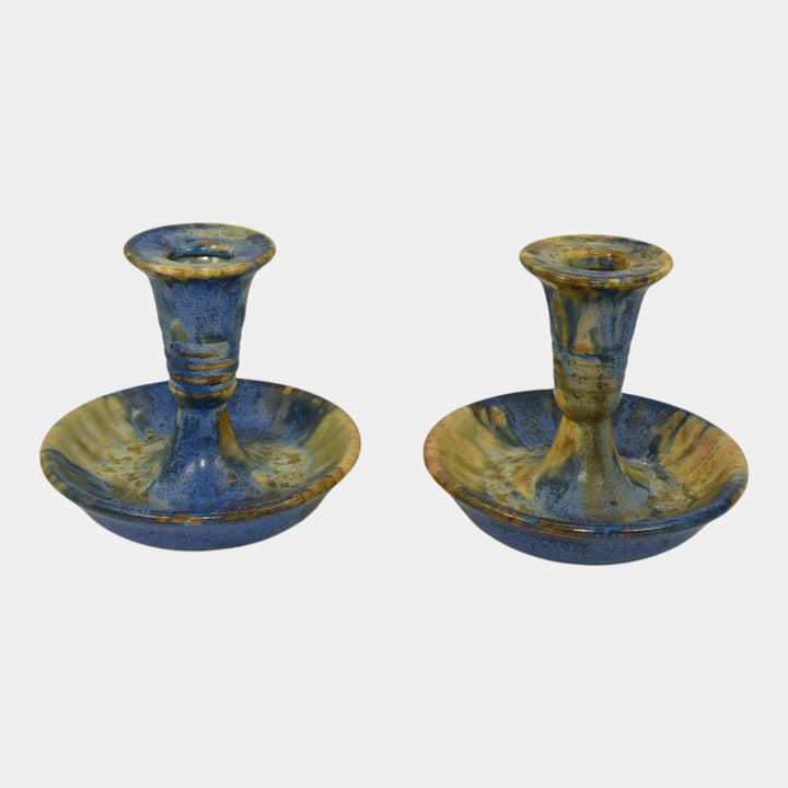 Roseville Imperial II 1930 Vintage Art Pottery Blue Gold Candle Holders 1077-4 - Just Art Pottery