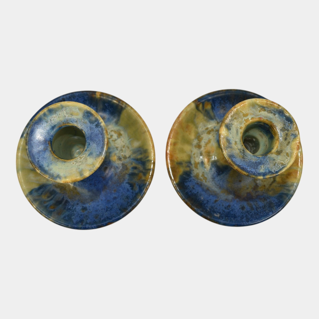Roseville Imperial II 1930 Vintage Art Pottery Blue Gold Candle Holders 1077-4 - Just Art Pottery