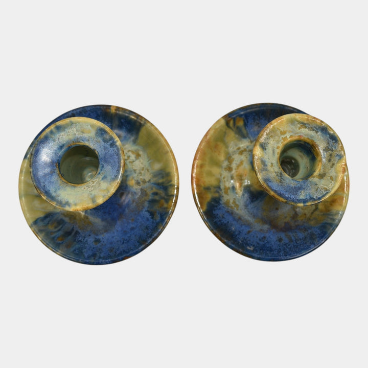 Roseville Imperial II 1930 Vintage Art Pottery Blue Gold Candle Holders 1077-4 - Just Art Pottery