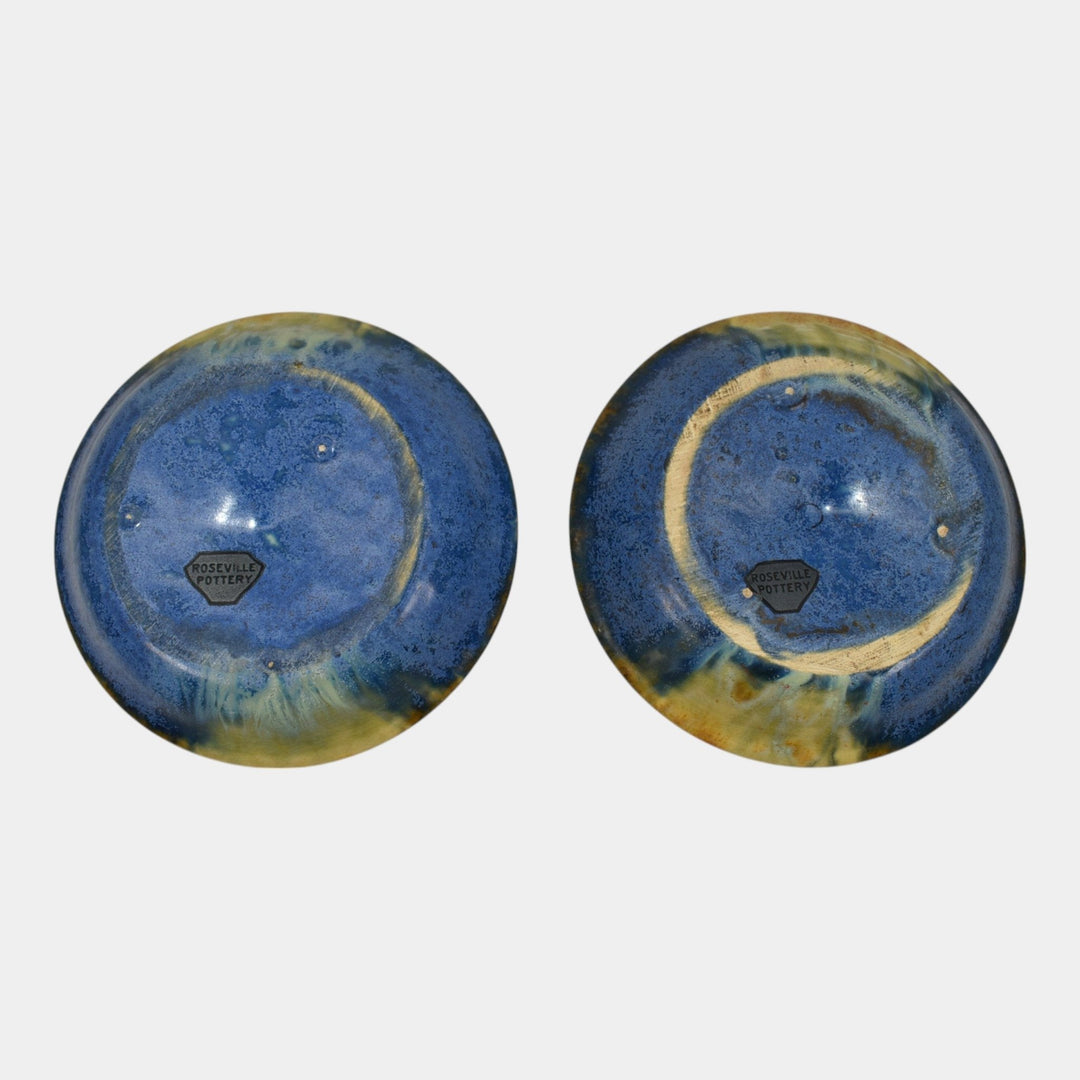 Roseville Imperial II 1930 Vintage Art Pottery Blue Gold Candle Holders 1077-4 - Just Art Pottery
