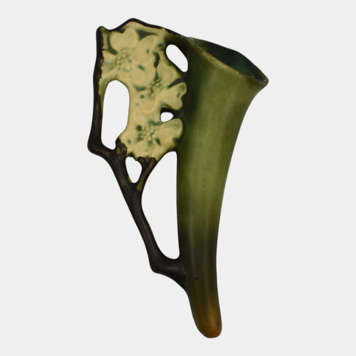 Roseville Dogwood Smooth 1920 Vintage Art Pottery Green Ceramic Wall Pocket - Just Art Pottery