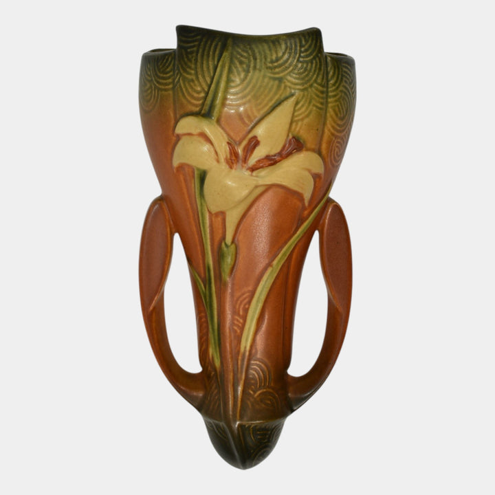Roseville Zephyr Lily Brown 1946 Vintage Art Pottery Ceramic Wall Pocket 1297-8 - Just Art Pottery