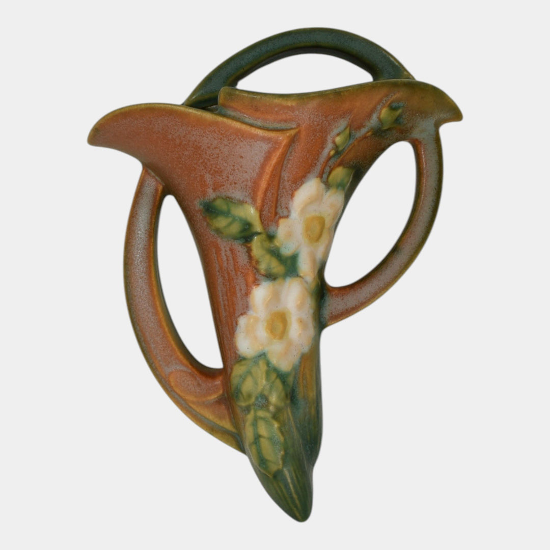 Roseville White Rose Brown 1940 Vintage Art Pottery Ceramic Wall Pocket 1288-6