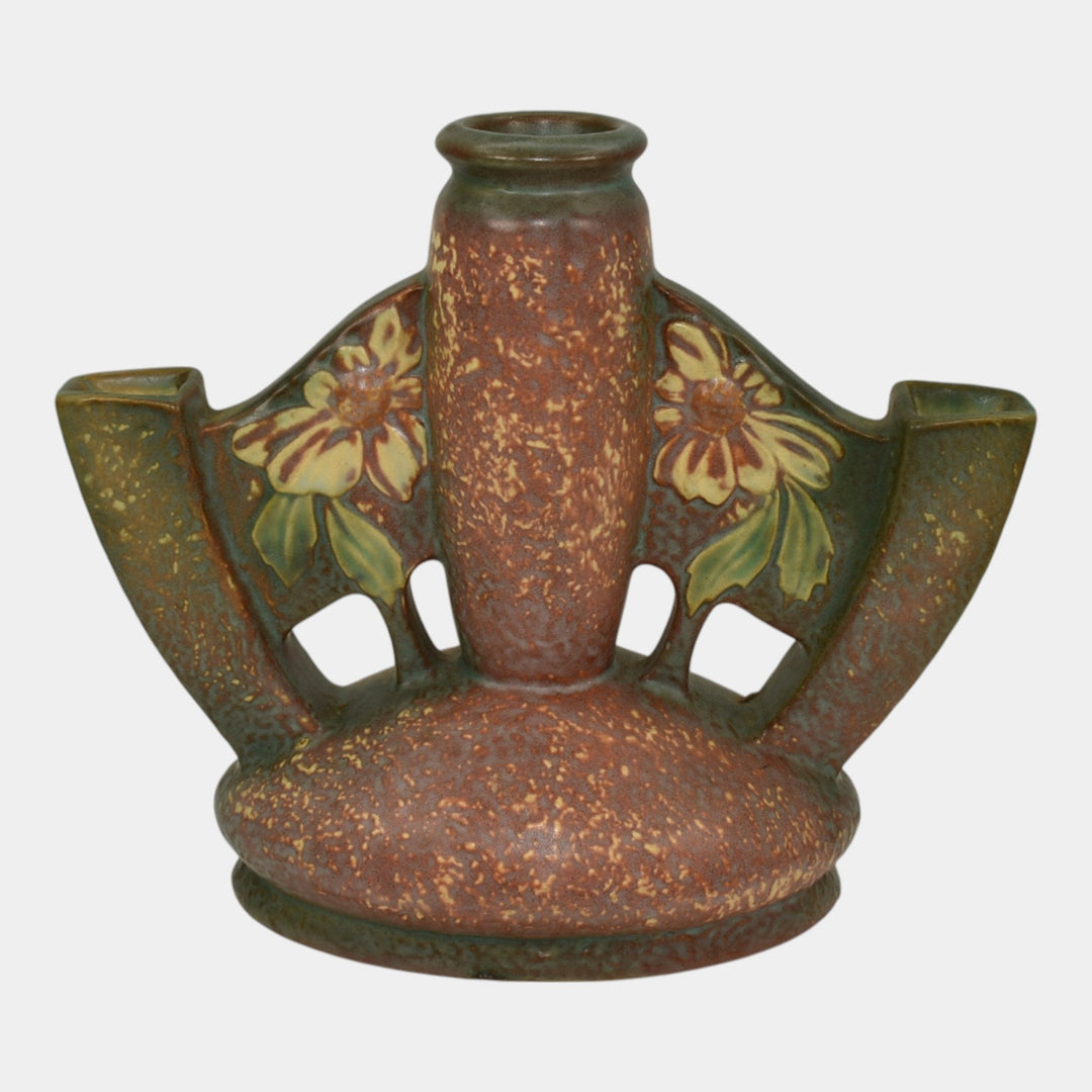 Roseville Dahlrose 1928 Vintage Arts And Crafts Pottery Triple Bud Vase 76-6 - Just Art Pottery