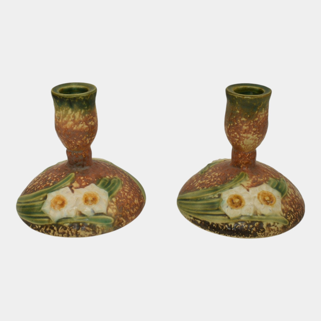 Roseville Jonquil 1931 Vintage Art Pottery Brown Ceramic Candle Holders 1082-4 - Just Art Pottery