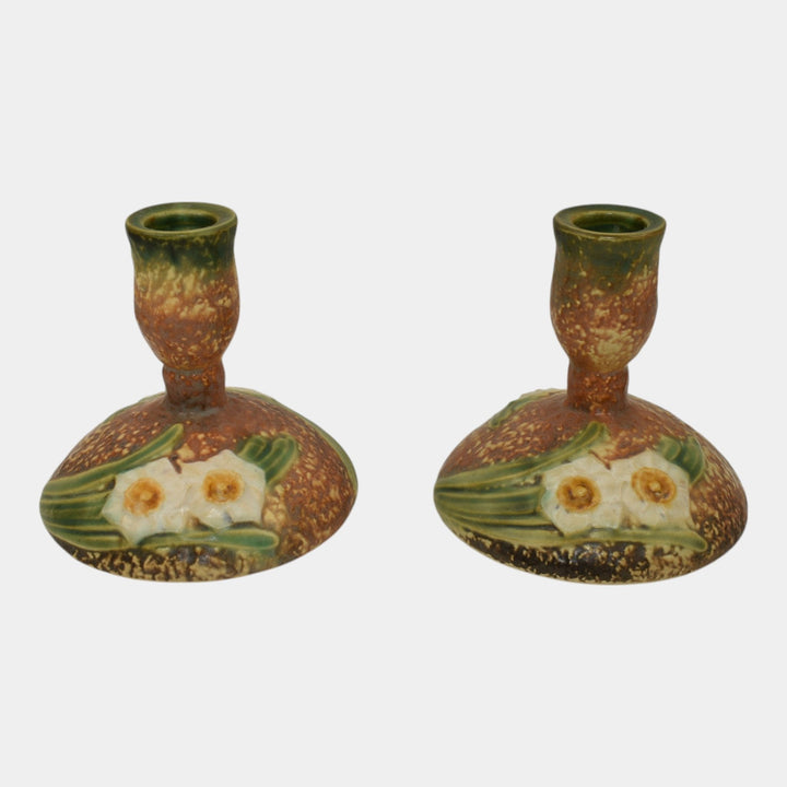 Roseville Jonquil 1931 Vintage Art Pottery Brown Ceramic Candle Holders 1082-4 - Just Art Pottery
