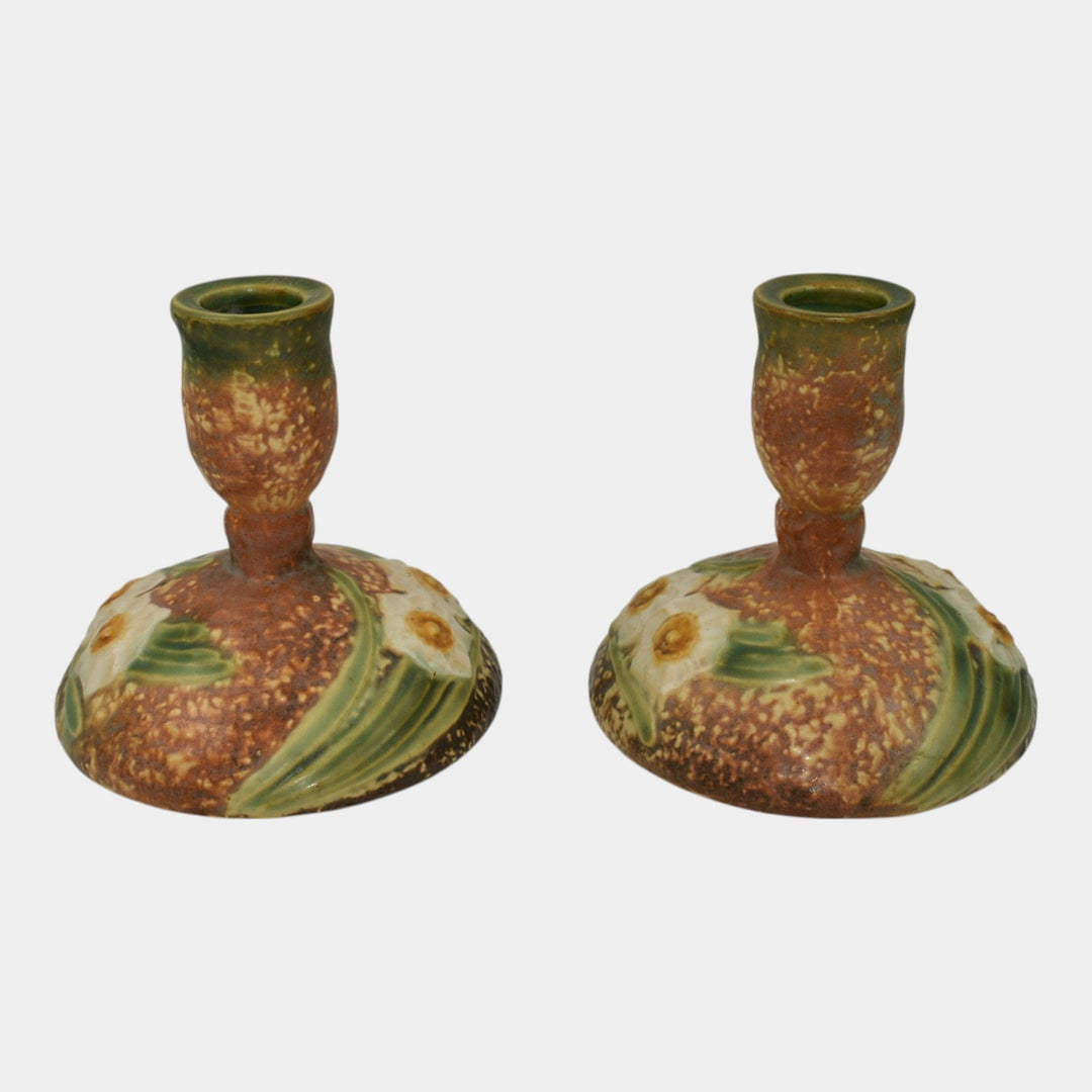 Roseville Jonquil 1931 Vintage Art Pottery Brown Ceramic Candle Holders 1082-4 - Just Art Pottery