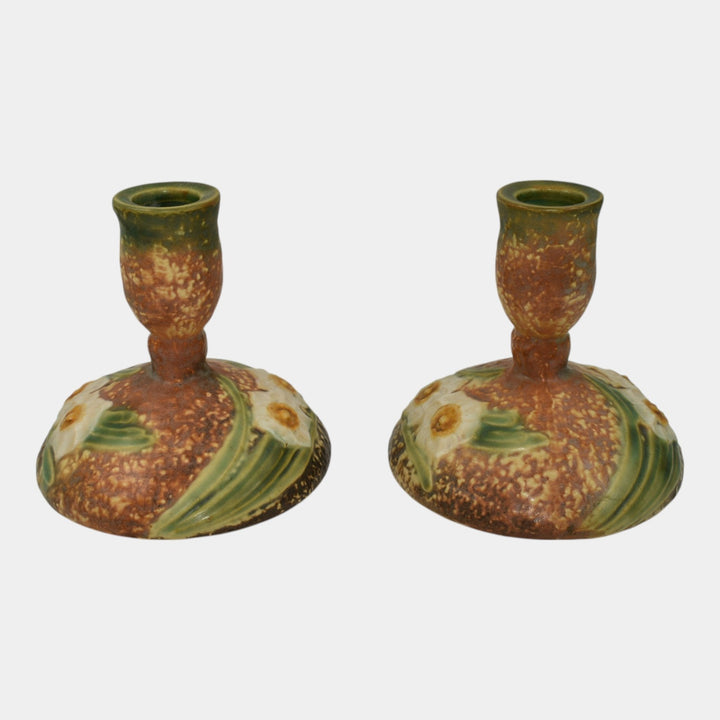 Roseville Jonquil 1931 Vintage Art Pottery Brown Ceramic Candle Holders 1082-4 - Just Art Pottery