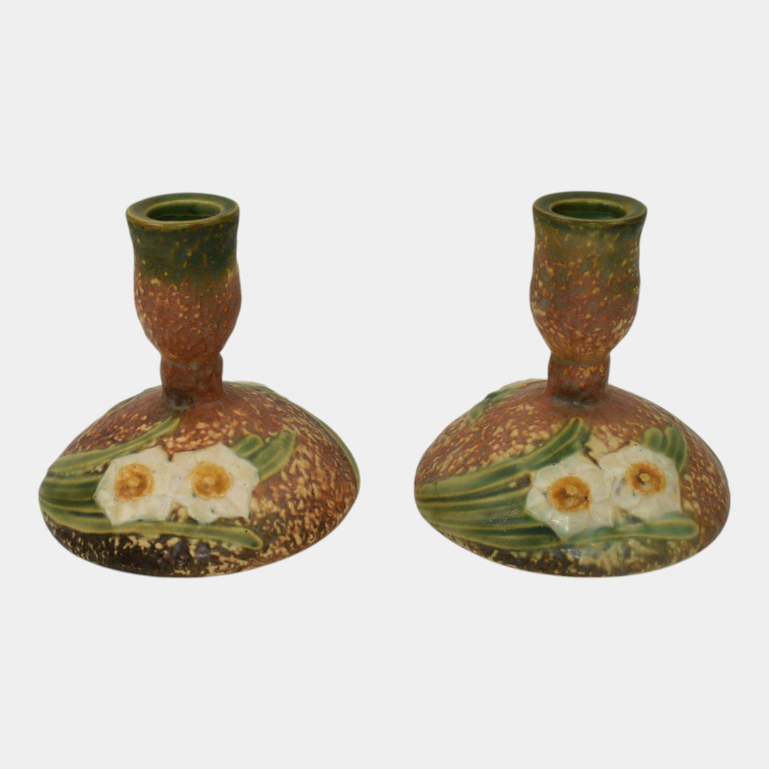 Roseville Jonquil 1931 Vintage Art Pottery Brown Ceramic Candle Holders 1082-4 - Just Art Pottery