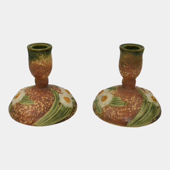 Roseville Jonquil 1931 Vintage Art Pottery Brown Ceramic Candle Holders 1082-4 - Just Art Pottery
