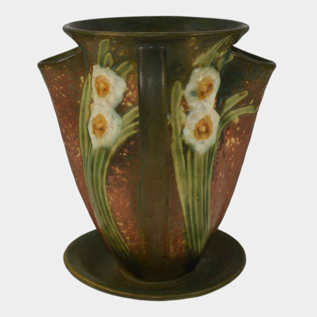 Roseville Jonquil 1931 Vintage Art and Crafts Brown Pottery Crocus Pot Vase 96-7 - Just Art Pottery