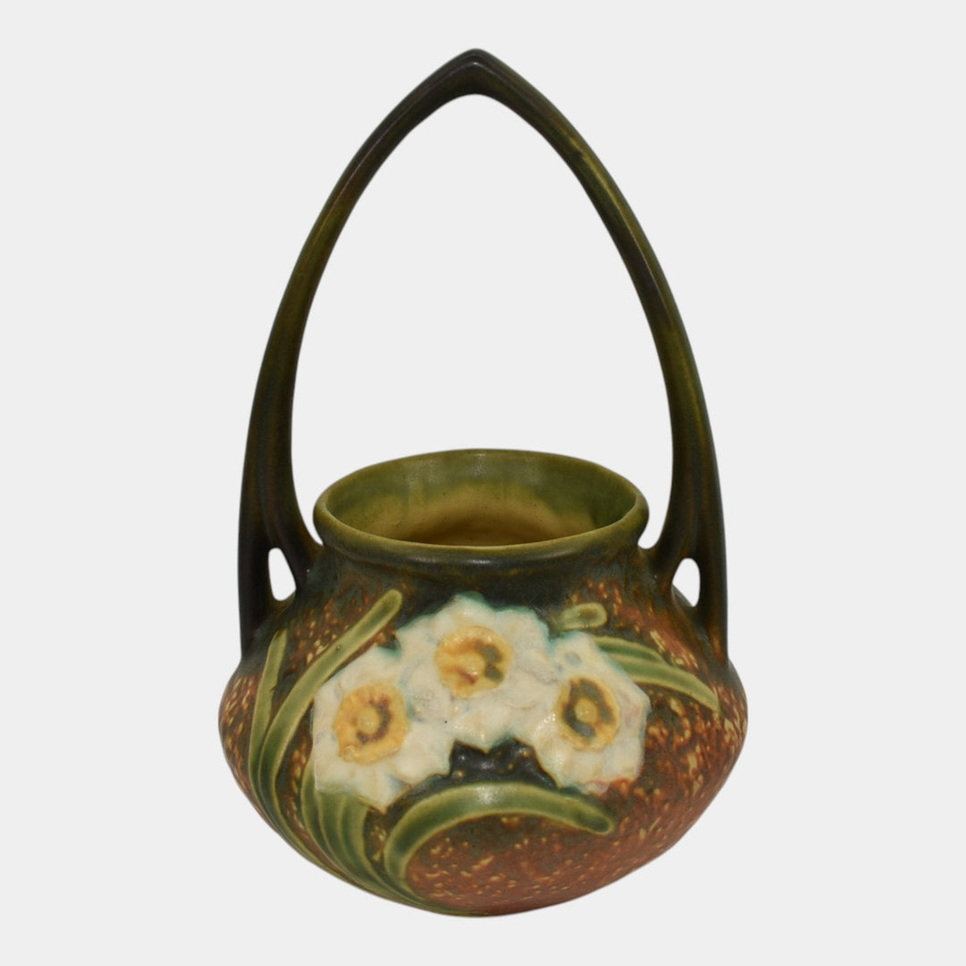 Roseville Jonquil 1931 Vintage Arts And Crafts Pottery Brown Basket 324-8 - Just Art Pottery
