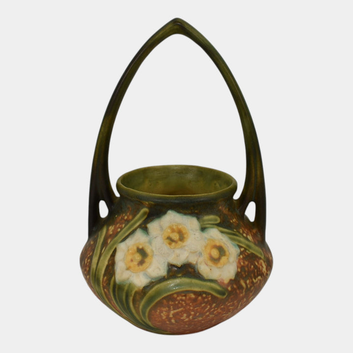 Roseville Jonquil 1931 Vintage Arts And Crafts Pottery Brown Basket 324-8 - Just Art Pottery
