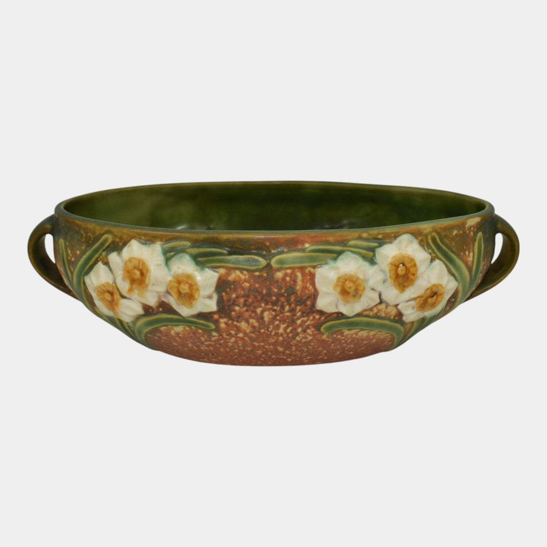 Roseville Jonquil Brown 1931 Vintage Arts And Crafts Pottery Console Bowl 220-10 - Just Art Pottery