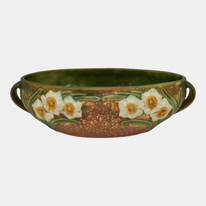 Roseville Jonquil Brown 1931 Vintage Arts And Crafts Pottery Console Bowl 220-10 - Just Art Pottery