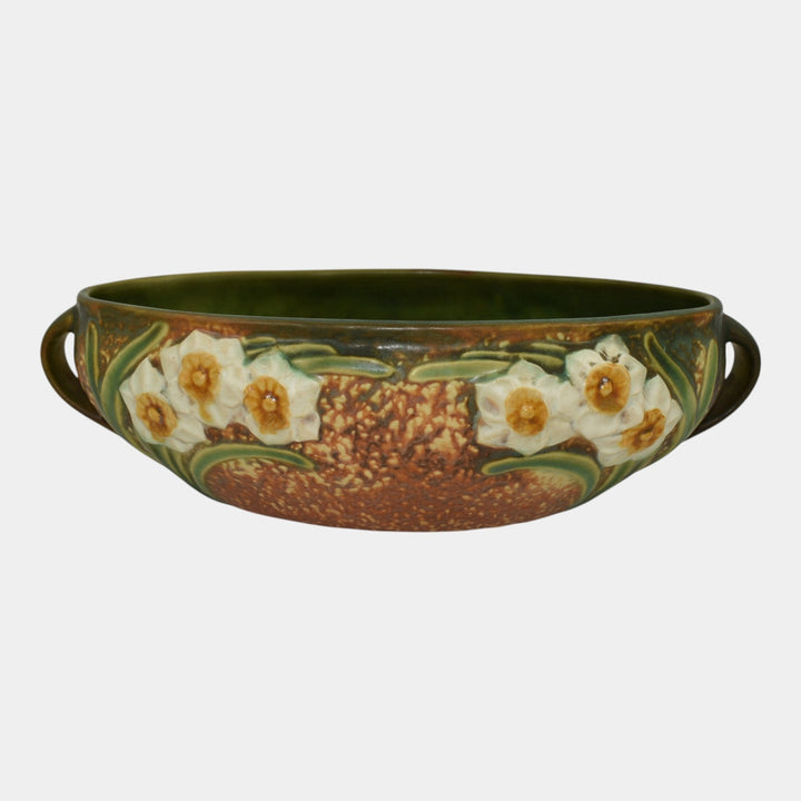 Roseville Jonquil Brown 1931 Vintage Arts And Crafts Pottery Console Bowl 220-10 - Just Art Pottery