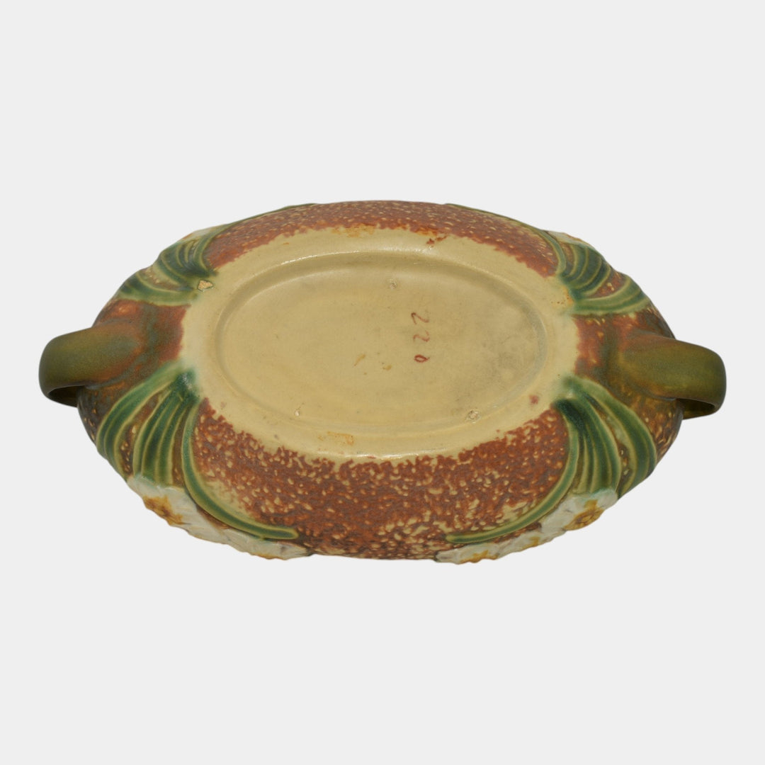 Roseville Jonquil Brown 1931 Vintage Arts And Crafts Pottery Console Bowl 220-10 - Just Art Pottery