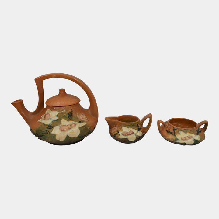 Roseville Magnolia Brown 1943 Art Pottery Teapot, Sugar Bowl, Creamer Tea Set 4 - Just Art Pottery