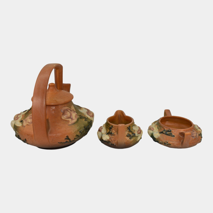 Roseville Magnolia Brown 1943 Art Pottery Teapot, Sugar Bowl, Creamer Tea Set 4 - Just Art Pottery