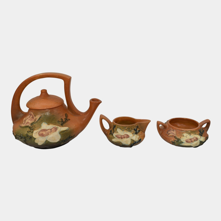 Roseville Magnolia Brown 1943 Art Pottery Teapot, Sugar Bowl, Creamer Tea Set 4 - Just Art Pottery