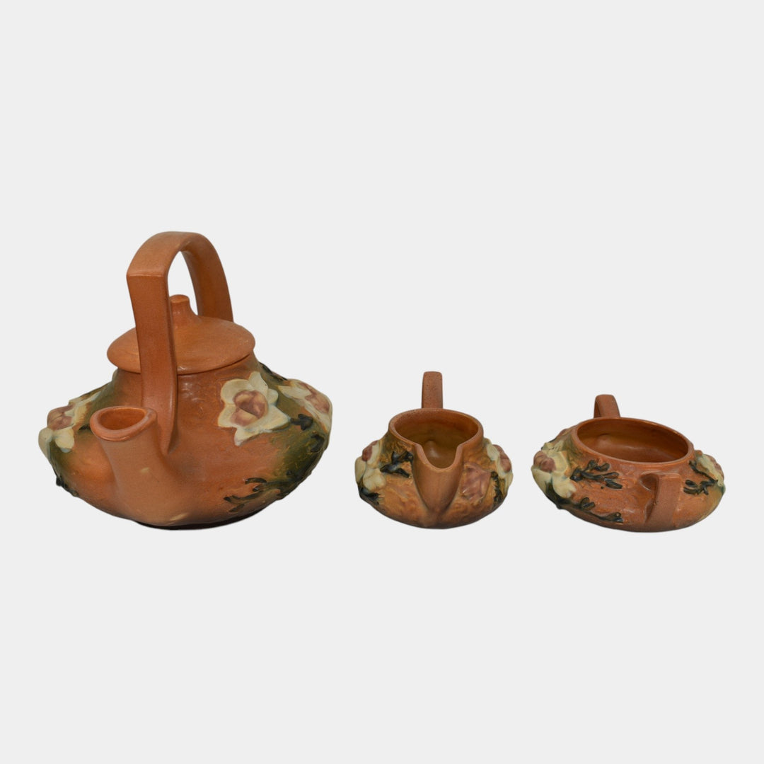 Roseville Magnolia Brown 1943 Art Pottery Teapot, Sugar Bowl, Creamer Tea Set 4 - Just Art Pottery