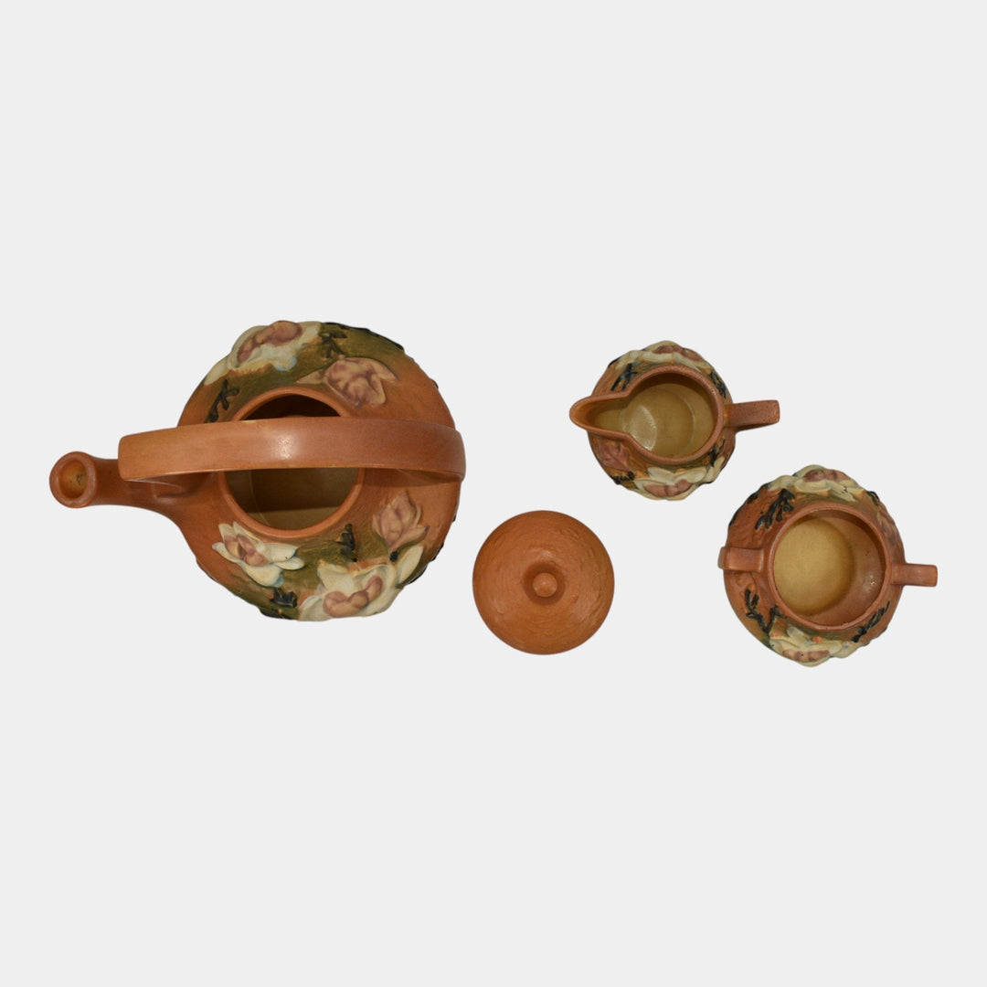 Roseville Magnolia Brown 1943 Art Pottery Teapot, Sugar Bowl, Creamer Tea Set 4 - Just Art Pottery