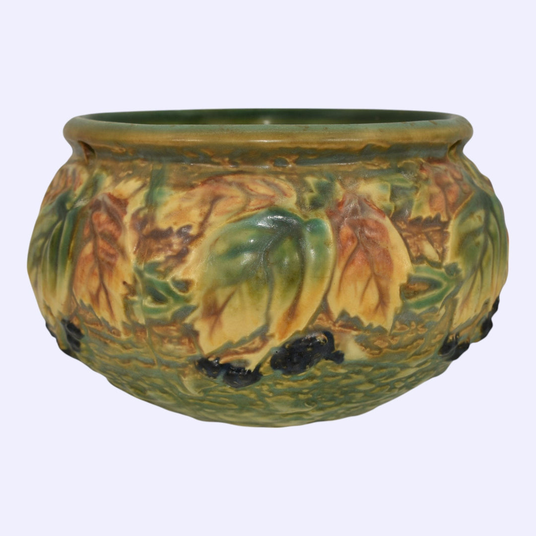 Roseville Blackberry 1932 Art Pottery Green Ceramic Hanging Basket Planter 348-5 - Just Art Pottery