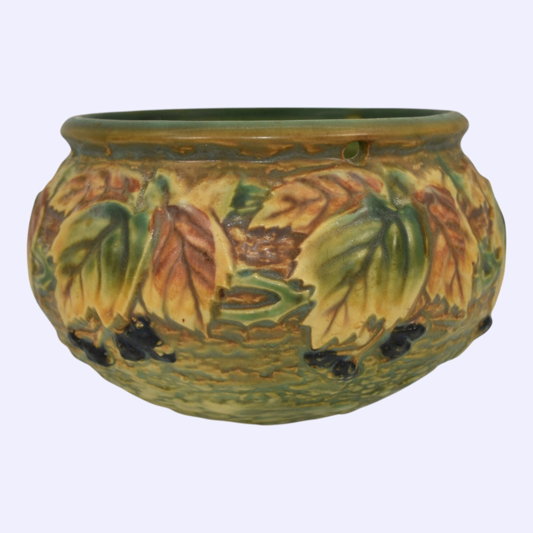 Roseville Blackberry 1932 Art Pottery Green Ceramic Hanging Basket Planter 348-5 - Just Art Pottery