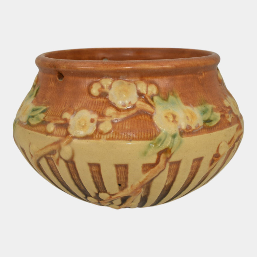 Roseville Cherry Blossom 1933 Vintage Pottery Brown Hanging Basket Planter 350-5 - Just Art Pottery