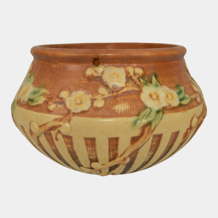 Roseville Cherry Blossom 1933 Vintage Pottery Brown Hanging Basket Planter 350-5 - Just Art Pottery