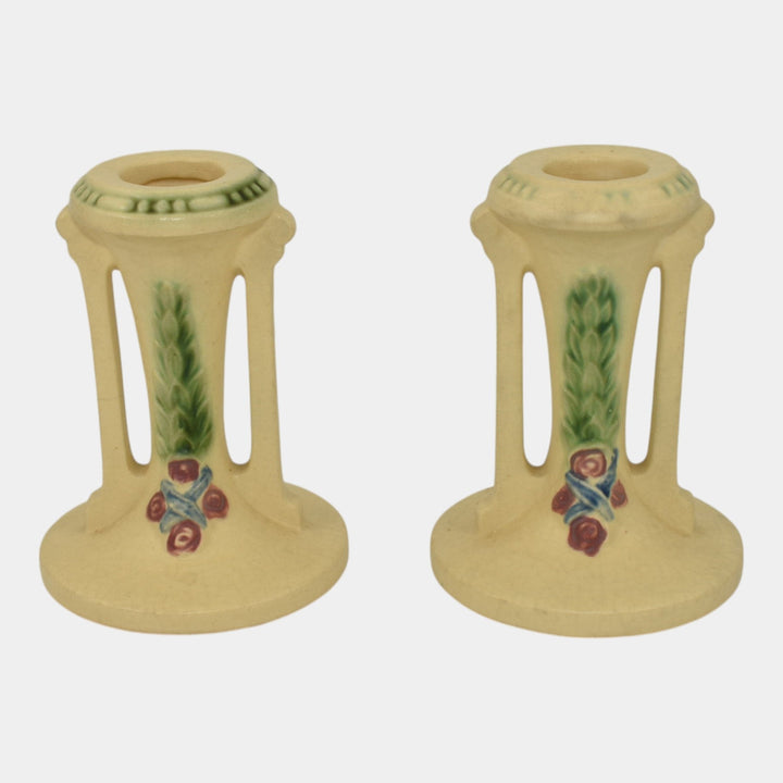 Roseville La Rose 1924 Vintage Art Pottery Ivory Ceramic Candle Holders 1051-4 - Just Art Pottery