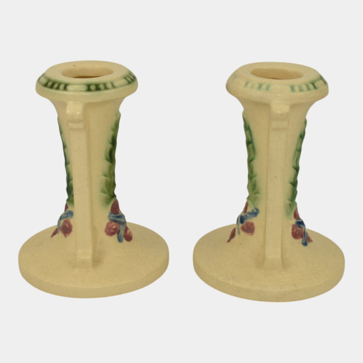 Roseville La Rose 1924 Vintage Art Pottery Ivory Ceramic Candle Holders 1051-4 - Just Art Pottery