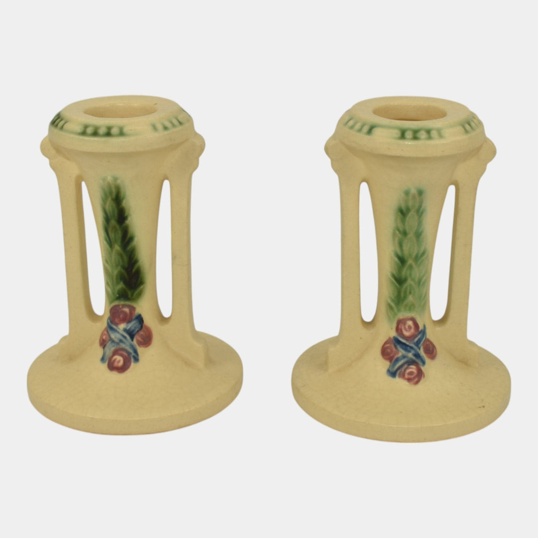 Roseville La Rose 1924 Vintage Art Pottery Ivory Ceramic Candle Holders 1051-4 - Just Art Pottery