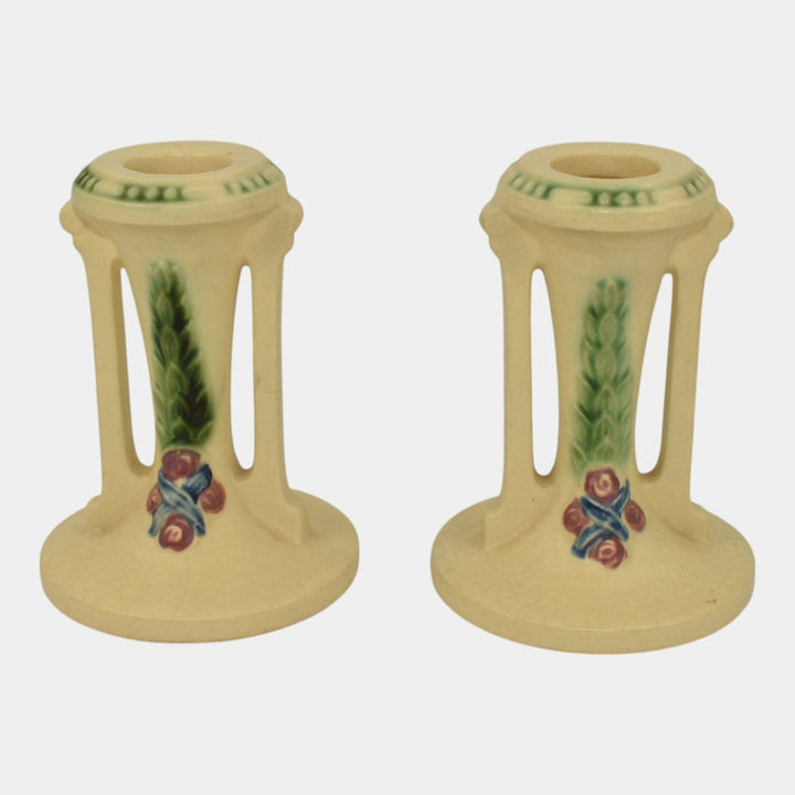 Roseville La Rose 1924 Vintage Art Pottery Ivory Ceramic Candle Holders 1051-4 - Just Art Pottery